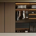 Modern Wooden Wardrobe Interior Design With Hanging Clothes Shoes Storage And LED Lighting