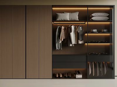 Modern Wooden Wardrobe Interior Design With Hanging Clothes Shoes Storage And LED Lighting 3d model