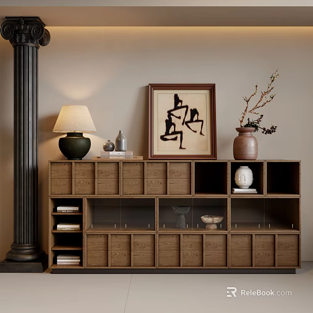 Wooden Entryway Side Cabinet With Drawers Open Shelves And Framed Artwork Table Lamp Vase Sculpture 3d model 