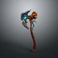 Mythical Battle Axe With Ornate Design Blue Glowing Gem Golden Accents And Brown Wooden Handle