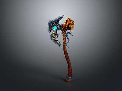Mythical Battle Axe With Ornate Design Blue Glowing Gem Golden Accents And Brown Wooden Handle 3d model