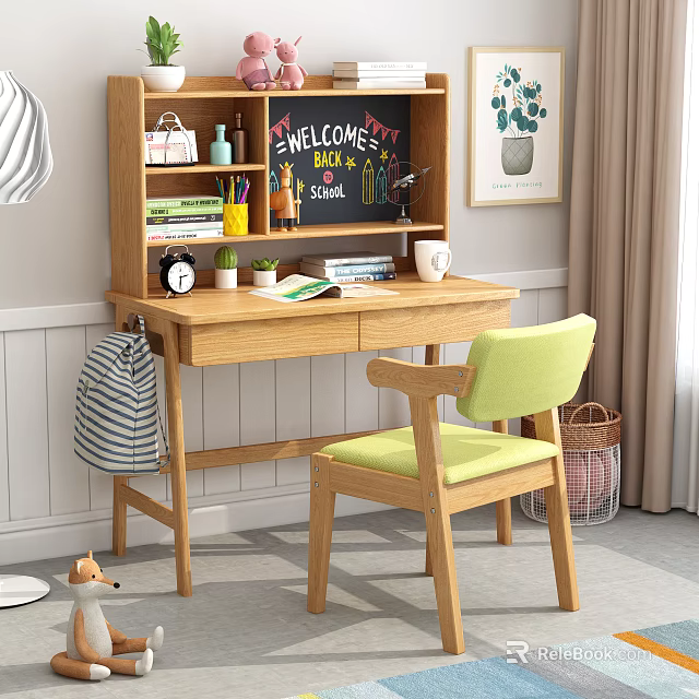Wooden Desk with Green Chair and Bookshelf Blackboard Plants Books and Office Supplies 3d model 