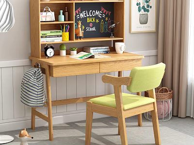 Wooden Desk with Green Chair and Bookshelf Blackboard Plants Books and Office Supplies 3d model