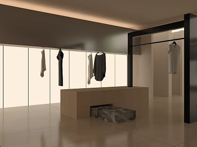 Modern Clothing Store Interior With Hanging Clothes And Wooden Display Counter 3d model