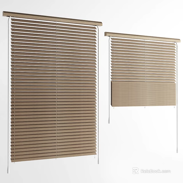 Beige Window Blinds With Wooden Slats Full Length And Partially Raised 3d model 