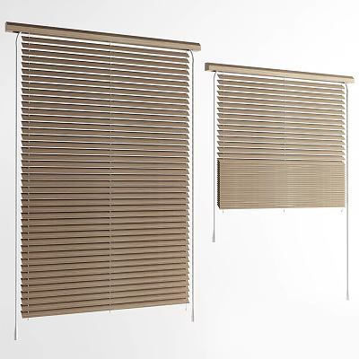Beige Window Blinds With Wooden Slats Full Length And Partially Raised 3d model