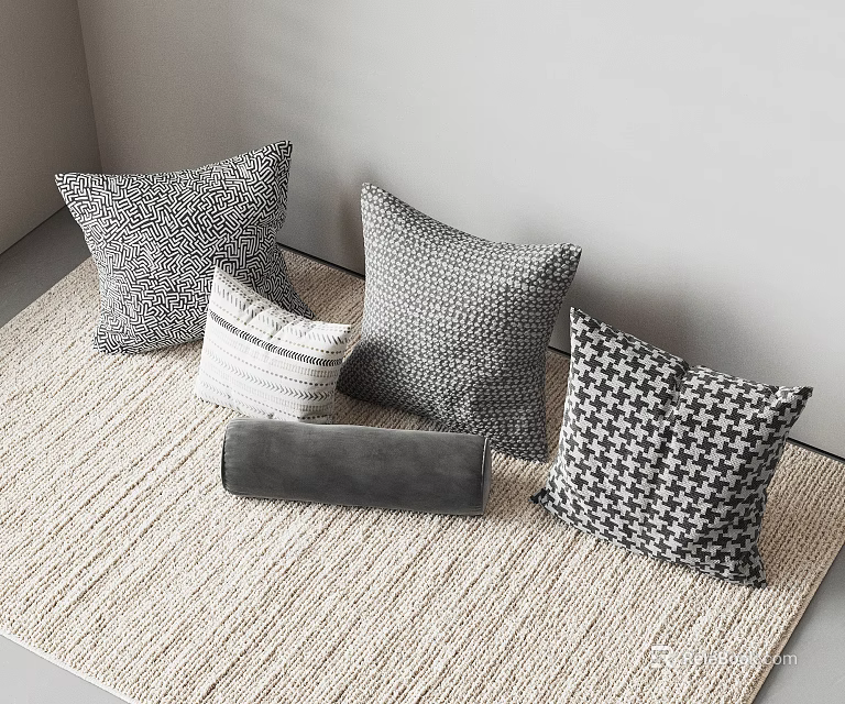 Modern Decorative Pillows With Houndstooth Striped And Geometric Patterns On Carpet 3d model