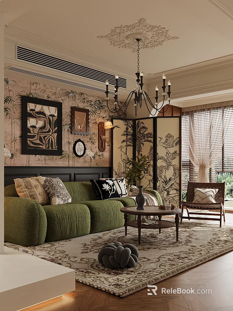 Elegant Living Room Interior With Green Sofa Patterned Wallpaper Decorative Paintings Chandelier And Potted Plant 3d model 