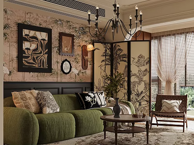 Elegant Living Room Interior With Green Sofa Patterned Wallpaper Decorative Paintings Chandelier And Potted Plant 3d model