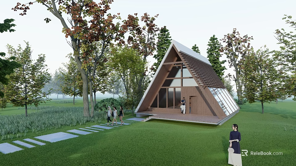 Triangular Roof Wooden House Surrounded by Trees and Green Lawn 3d model 