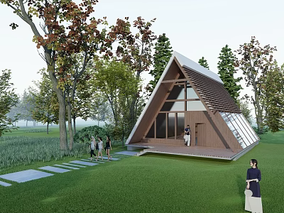 Triangular Roof Wooden House Surrounded by Trees and Green Lawn 3d model