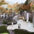 Modern Commercial Landscape with Autumn Trees Pedestrian Walkway and Recreational Seating Near High Rise Buildings