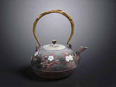 Traditional Ceramic Tea Kettle With Golden Handle And Plum Blossom Design 3d model
