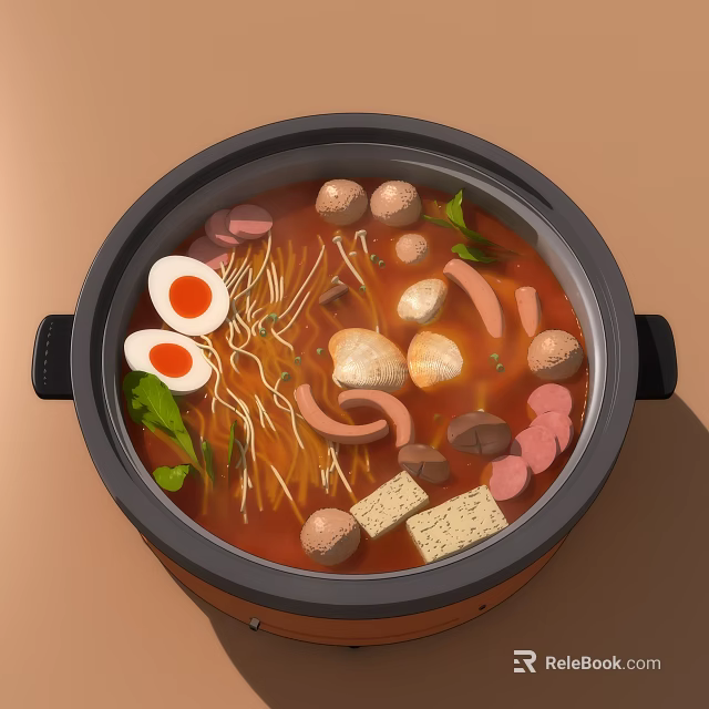Nourishing Hot Pot With Noodles Soft Boiled Eggs Sausages Mushrooms Tofu And Leafy Greens 3d model