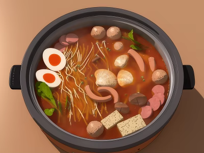 Nourishing Hot Pot With Noodles Soft Boiled Eggs Sausages Mushrooms Tofu And Leafy Greens 3d model