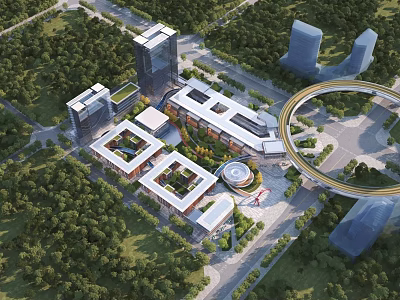 Aerial Planning of Modern Architectural Complex With Green Landscaping Circular Structure and Road Network 3d model