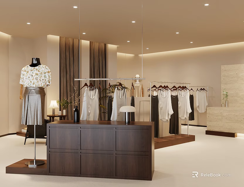 Modern Clothing Store Interior With Hanging Dresses Shirts Mannequin Display And Wooden Counter 3d model 