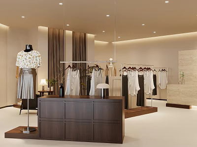 Modern Clothing Store Interior With Hanging Dresses Shirts Mannequin Display And Wooden Counter 3d model