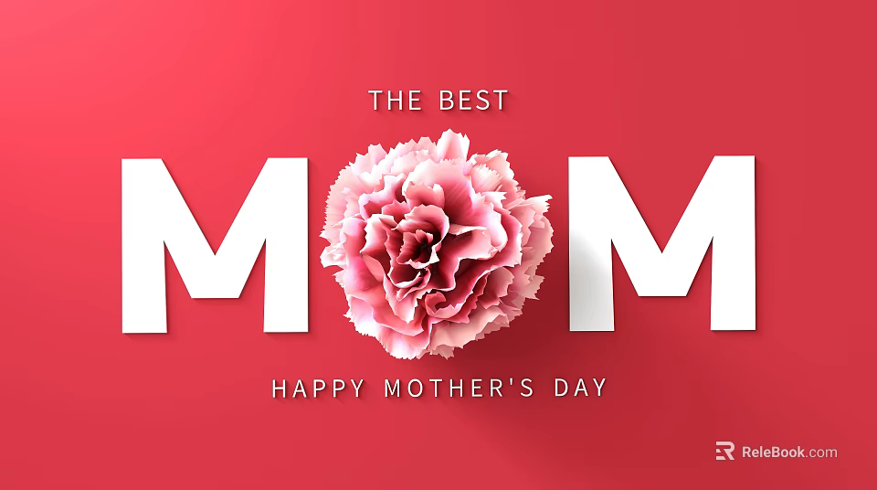 Red Background Wall with White MOM Letters and Pink Carnation for Happy Mother's Day 3d model 