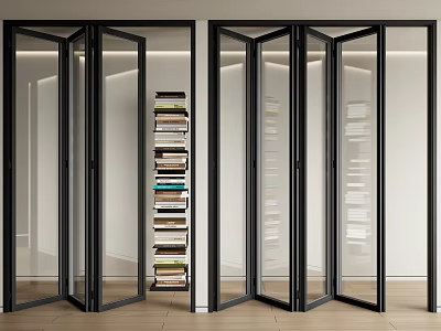 Modern Glass Folding Doors With Black Frames In Interior Space And Stacked Books 3d model