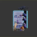 Cartoon Scene With Blue Refrigerator Open Door Three Cats Around Items Inside And Sticky Note