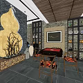 Traditional Chinese Private Room Interior With Wooden Decor Hanging Gourd And Paintings