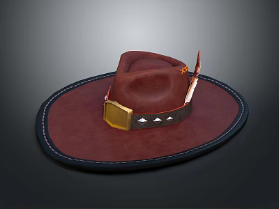 Stylish Brown Leather Wide Brimmed Hat With Gold Buckle Feather Accent And Stitched Edge 3d model