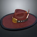 Stylish Brown Leather Wide Brimmed Hat With Gold Buckle Feather Accent And Stitched Edge