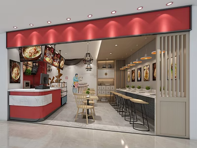 Shopping Mall Pizza Store With Red Decor Hanging Lanterns Bar Counter And Wooden Tables 3d model