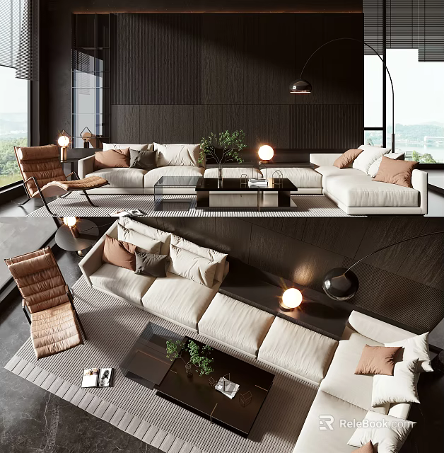 Modern Living Room Interior With Sofa Coffee Table Set Decorative Pillows And Floor Lamps 3d model 