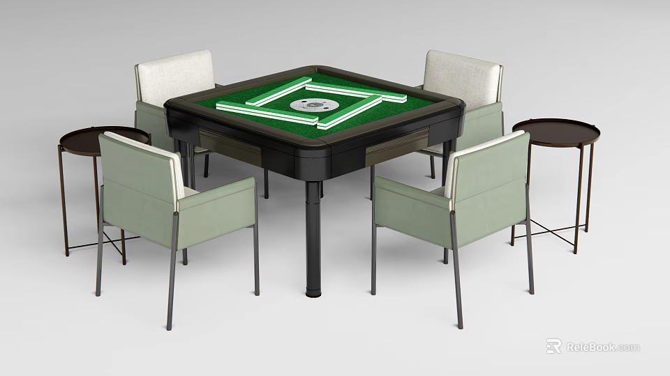Modern Square Entertainment Table With Green Mahjong Layout And Four Comfortable Chairs 3d model 