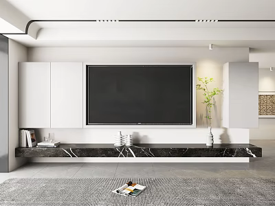 Modern Minimalist TV Background Wall With White Cabinets Black Marble Stand And Green Plant Decorations 3d model
