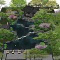 Chinese Garden Rockery Stones Surrounded by Pond Pavilion and Lush Green Trees