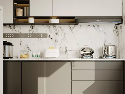 Modern Kitchen Interior With Gray Cabinets Marble Backsplash And Appliances 3d model