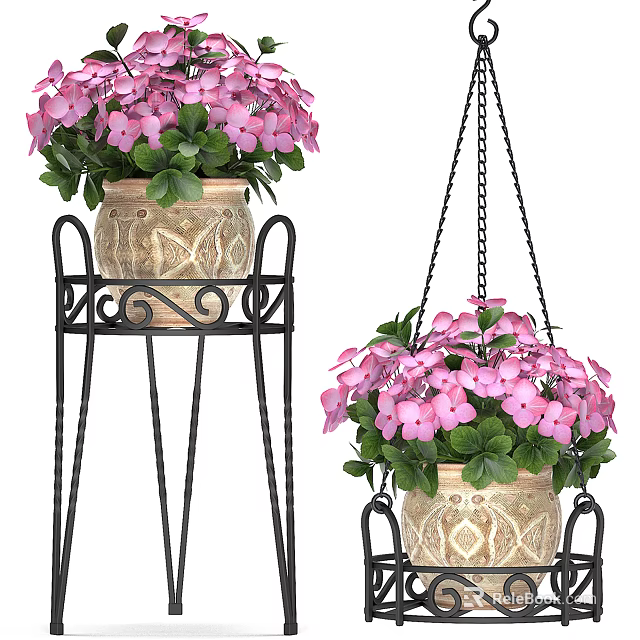 Pink Hydrangea Flowers In Beige Patterned Vases On Black Iron Stand And Hanging Chain 3d model 