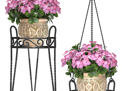 Pink Hydrangea Flowers In Beige Patterned Vases On Black Iron Stand And Hanging Chain 3d model