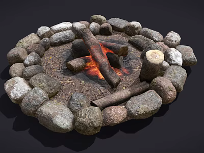 Decorative Garden Stone Fire Pit With Burning Logs And Natural Rock Arrangement 3d model