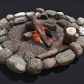 Decorative Garden Stone Fire Pit With Burning Logs And Natural Rock Arrangement