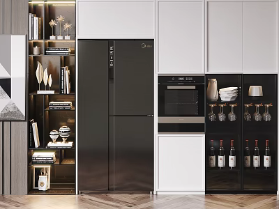 Modern Kitchen Wine Cabinet With Glass Door Holding Wine Bottles And Glasses 3d model