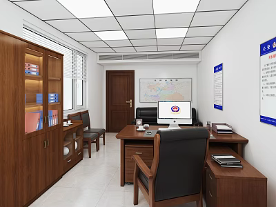 Office Interior With Wooden Bookshelf Desk Computer Chair Map On Wall And Filing Cabinet 3d model