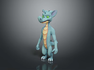 Game Movie Character Blue Dragon 3D Model With Green Eyes And Yellow Belly Standing Pose 3d model