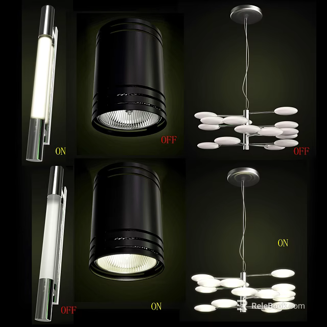 Modern Lighting Combinations With Ceiling Lights And Pendant Fixtures In ON OFF Modes 3d model 