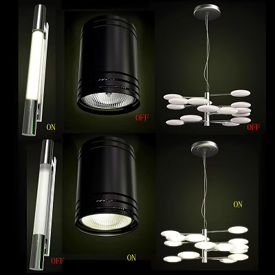 Modern Lighting Combinations With Ceiling Lights And Pendant Fixtures In ON OFF Modes 3d model