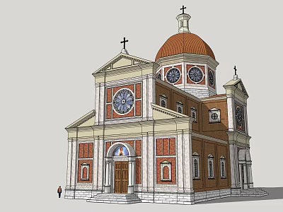 Historic Building Featuring Dome with Cross Red Bricks White Accents Bell Towers Arched Doorway Steps 3d model