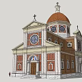 Historic Building Featuring Dome with Cross Red Bricks White Accents Bell Towers Arched Doorway Steps