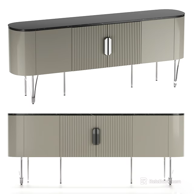Modern Light Gray Sideboard With Striped Panels And Slim Metal Legs 3d model 