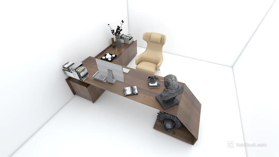 Modern Wooden Desk Setup With Laptop Monitor Books Statue And Beige Chair 3d model 