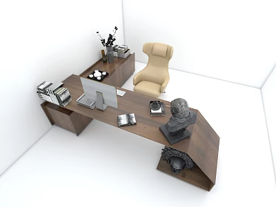 Modern Wooden Desk Setup With Laptop Monitor Books Statue And Beige Chair 3d model