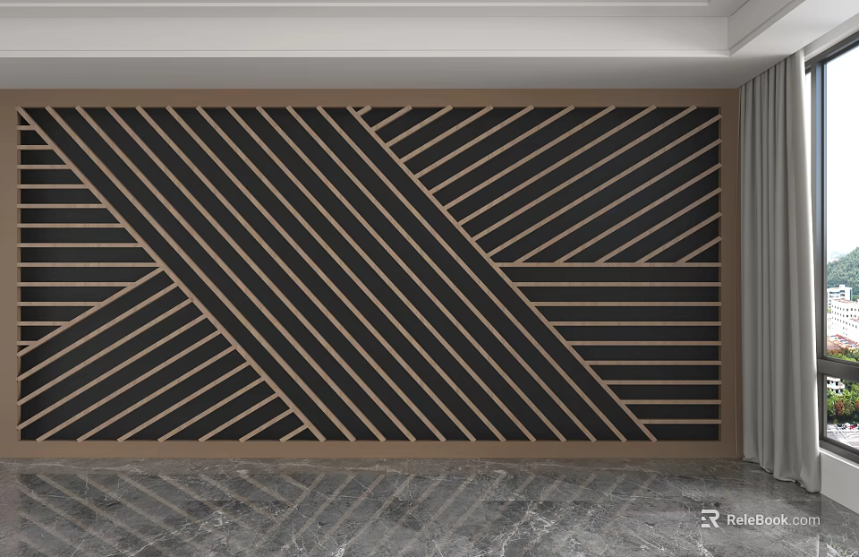 Geometric Patterned Accent Wall Design With Black And Gold Stripes And Wooden Frame 3d model 