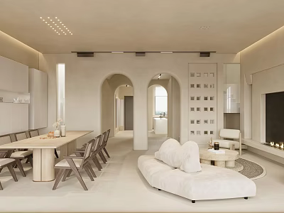 Minimalist Dining and Living Room Interior With Beige Sofa Dining Table Chairs and Fireplace 3d model